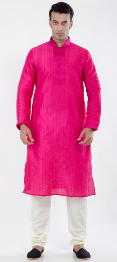 Pink and Majenta color Kurta Pyjamas in Art Dupion Silk fabric with Lace, Thread work