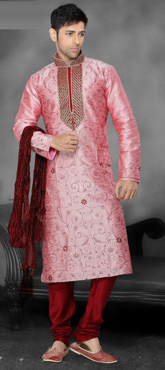 Pink and Majenta color Kurta Pyjamas in Art Dupion Silk fabric with Embroidered, Lace, Stone, Thread work