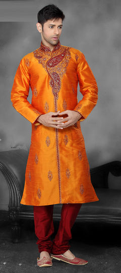 Orange color Kurta Pyjamas in Raw Dupion Silk fabric with Cut Dana, Stone, Thread work