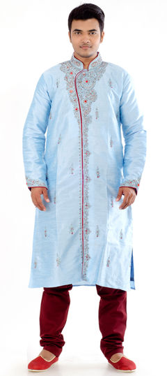 Blue color Kurta Pyjamas in Raw Dupion Silk fabric with Cut Dana, Stone, Thread work