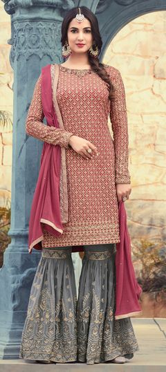 1500161: Red and Maroon color Salwar Kameez in Georgette fabric with Machine Embroidery, Moti, Resham, Thread work