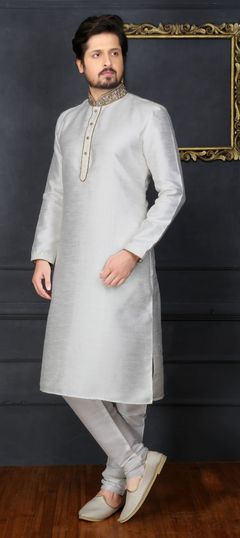 White and Off White color Kurta Pyjamas in Banarasi Silk fabric with Embroidered, Thread work