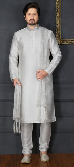 White and Off White color Kurta Pyjamas in Banarasi Silk fabric with Embroidered, Thread work