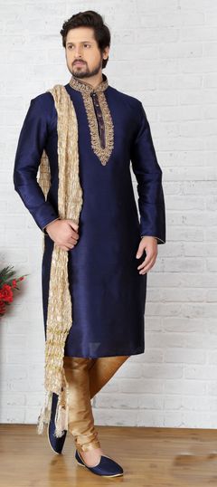 Blue color Kurta Pyjamas in Art Dupion Silk fabric with Embroidered, Thread work