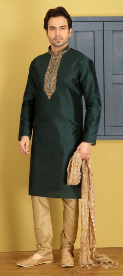 Green color Kurta Pyjamas in Art Dupion Silk fabric with Embroidered, Thread work