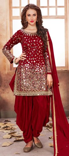 Casual Pink and Majenta color Salwar Kameez in Taffeta Silk fabric with Patiala Mirror, Thread, Zari work : 1500753