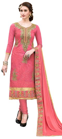 Pink and Majenta color Salwar Kameez in Cotton fabric with Embroidered, Thread, Zari work