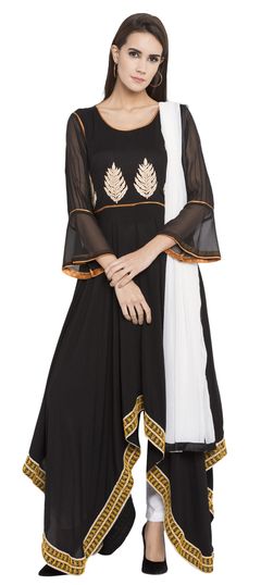 Black and Grey color Salwar Kameez in Cotton fabric with Embroidered, Patch, Thread work