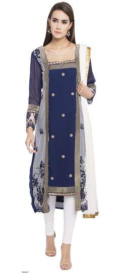 Blue color Salwar Kameez in Faux Georgette fabric with Patch, Sequence work