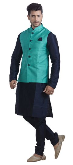 Blue color Kurta Pyjama with Jacket in Silk fabric with Thread work : 1501484