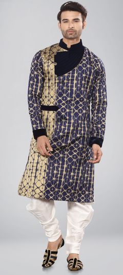 Beige and Brown, Blue color Kurta Pyjamas in Jacquard fabric with Printed, Tye n Dye work