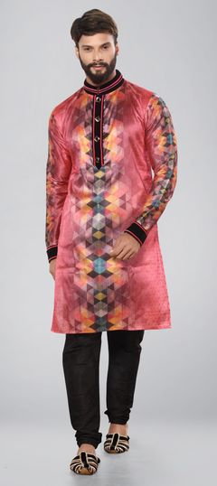 Pink and Majenta color Kurta Pyjamas in Dupion Silk fabric with Printed work