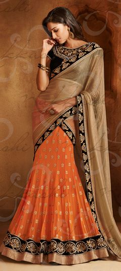 150555 Orange color family Lehngas Style Saree in Georgette, Chiffon fabric with Zari, Border, Thread, Lace, Broches work  with matching unstitched blouse.