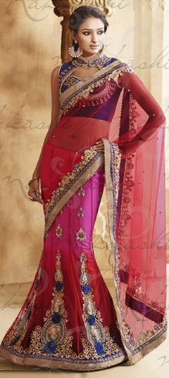 Pink and Majenta, Red and Maroon color Lehenga Style Sarees in Net fabric with Border, Embroidered, Patch, Stone work