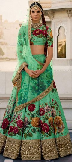 1507524: Wedding Green color Lehenga in Art Silk fabric with  Border, Floral, Printed, Sequence, Thread work