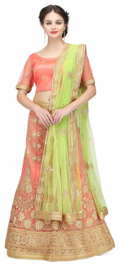 Pink and Majenta color Lehenga in Net fabric with Lace, Sequence, Thread work