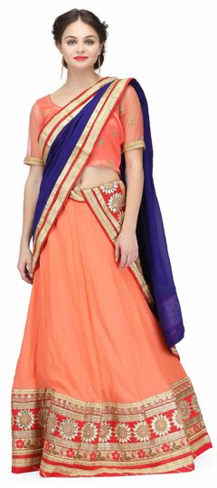 Orange color Lehenga in Crepe Silk fabric with Gota Patti, Lace work