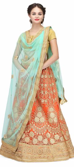 Orange color Lehenga in Net fabric with Lace, Stone, Thread work