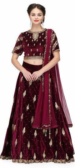 Red and Maroon color Lehenga in Velvet fabric with Dabka, Stone, Thread, Zari work