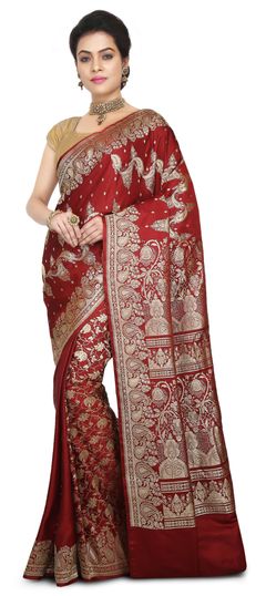 Red and Maroon color Saree in Banarasi Silk fabric with Thread work