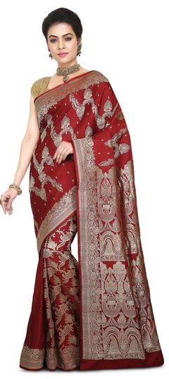 Red and Maroon color Saree in Banarasi Silk fabric with Thread work