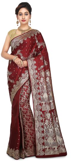 Red and Maroon color Saree in Banarasi Silk fabric with Thread work