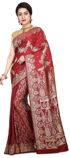 Red and Maroon color Saree in Banarasi Silk fabric with Thread work