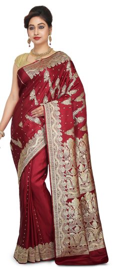 Red and Maroon color Saree in Banarasi Silk fabric with Thread work