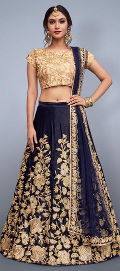 Reception, Wedding Blue color Lehenga in Art Silk, Silk fabric with A Line Embroidered, Thread, Zari work : 1510765