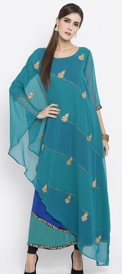 Blue color Kurti in Faux Georgette fabric with Embroidered, Moti, Thread work