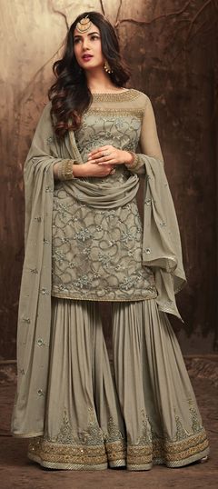 1512240: Bollywood Beige and Brown color Salwar Kameez in Net fabric with Palazzo Embroidered, Resham, Sequence, Thread work