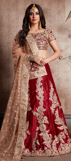 1512487: Mehendi Sangeet Red and Maroon color Lehenga in Semi Velvet fabric with Embroidered, Sequence, Thread, Zari work