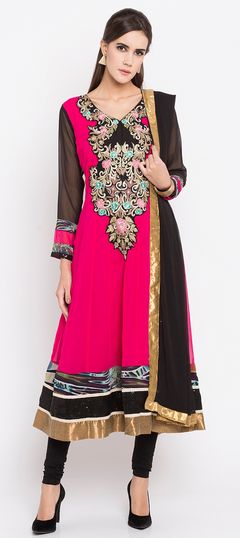 Pink and Majenta color Salwar Kameez in Faux Georgette fabric with Embroidered, Printed, Thread work