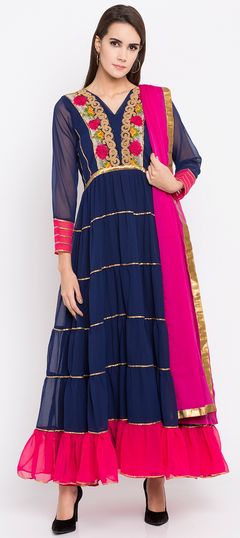 Blue color Salwar Kameez in Faux Georgette fabric with Embroidered, Thread work