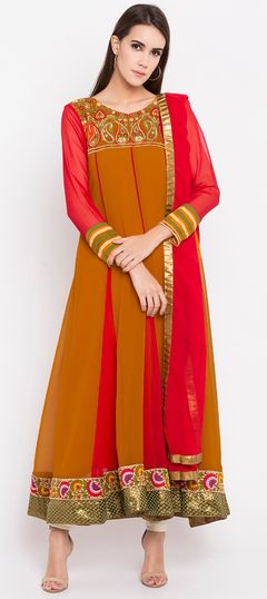 Yellow color Salwar Kameez in Faux Georgette fabric with Embroidered, Printed, Thread work