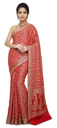 Red and Maroon color Saree in Banarasi Silk fabric with Thread work