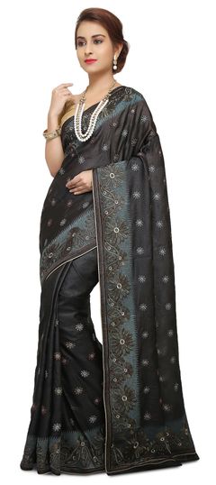 Black and Grey color Saree in Banarasi Silk fabric with Embroidered, Thread work