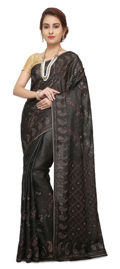 Black and Grey color Saree in Banarasi Silk fabric with Embroidered, Thread work