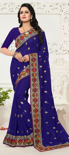 Blue color Saree in Georgette fabric with Embroidered, Resham, Thread, Zari work