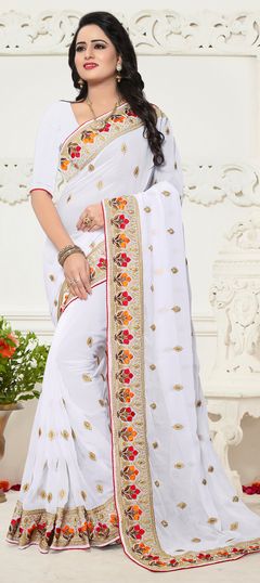 White and Off White color Saree in Georgette fabric with Embroidered, Resham, Thread, Zari work