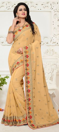 Beige and Brown color Saree in Georgette fabric with Embroidered, Resham, Thread, Zari work