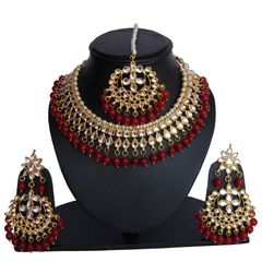 Gold Rodium Polish Red and Maroon color Necklace in Metal Alloy studded with Beads, Kundan