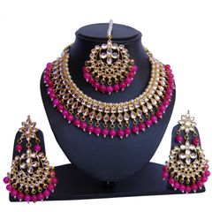 Gold Rodium Polish Pink and Majenta color Necklace in Metal Alloy studded with Beads, Kundan