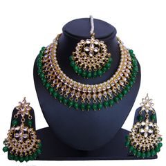 Gold Rodium Polish Green color Necklace in Metal Alloy studded with Beads, Kundan