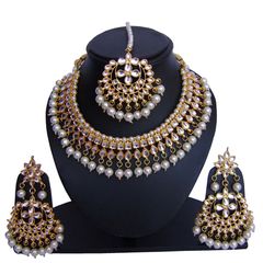 Gold Rodium Polish White and Off White color Necklace in Metal Alloy studded with Beads, Kundan