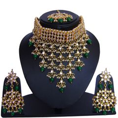 Gold Rodium Polish Green color Necklace in Metal Alloy studded with Beads, Kundan