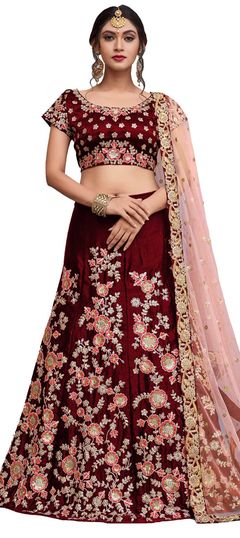 Red and Maroon color Lehenga in Semi Velvet fabric with Embroidered, Resham, Sequence, Thread, Zari work