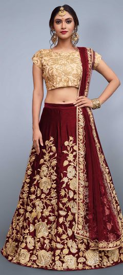 Red and Maroon color Lehenga in Semi Velvet fabric with Embroidered, Resham, Sequence, Thread work