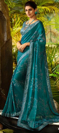 Blue color Saree in Georgette fabric with Printed work