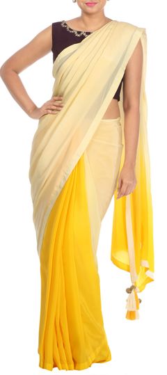 Beige and Brown, Yellow color Saree in Georgette fabric with Thread work